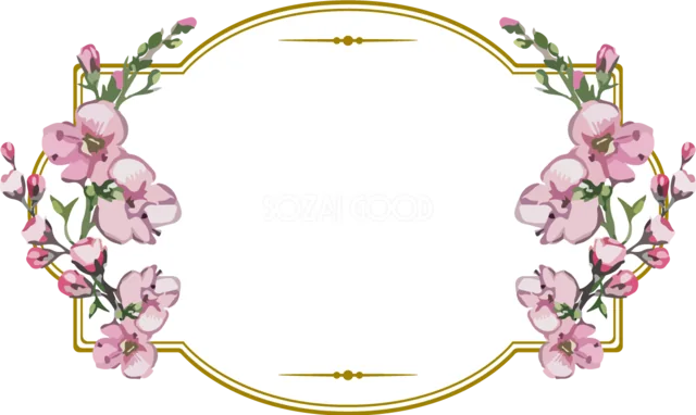 ピンクの桜と金色の曲線枠で囲む上品な横型ラベルフレーム（背景透過PNG）