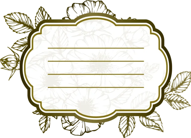 葉の線画と罫線入りの金色枠を組み合わせた横型ボタニカルラベル（背景透過PNG）