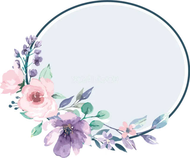 淡いブルーの丸枠にピンクと紫の花を添えた上品なフラワーフレーム（PNG）