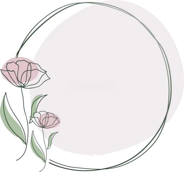 くすみピンクの丸枠に線画の花と葉を添えたおしゃれなフラワーフレーム（PNG）