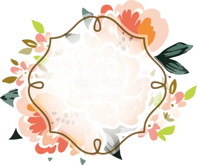 コーラルピンクの花とブラウンの曲線で囲む華やかな変形フラワーフレーム（PNG）