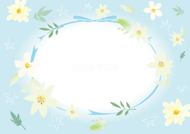 水色の背景に黄色と白の花を輪に並べた爽やかな横型水彩フレーム（PNG）