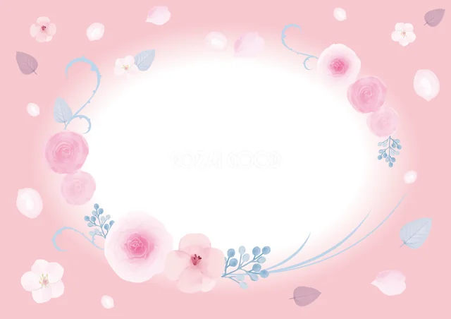ピンクの背景に淡いバラと青い小花を飾ったかわいい横型水彩フレーム（PNG）