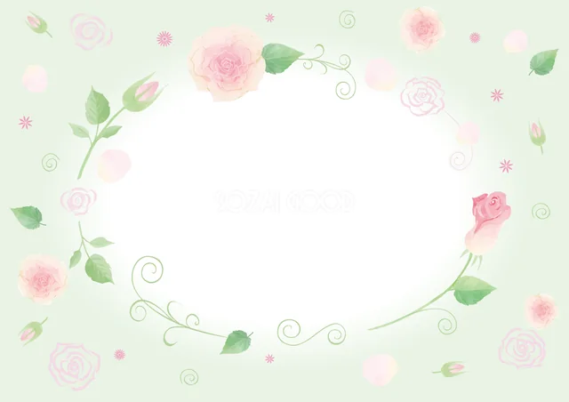 ミントグリーンの背景にピンクのバラと蔓草を描いた横型水彩フレーム（PNG）
