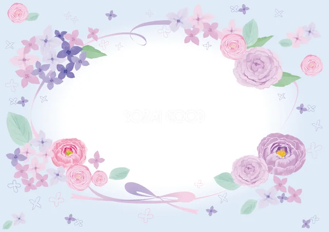 水色の背景にピンクと紫のバラを華やかに飾った横型水彩フレーム（PNG）