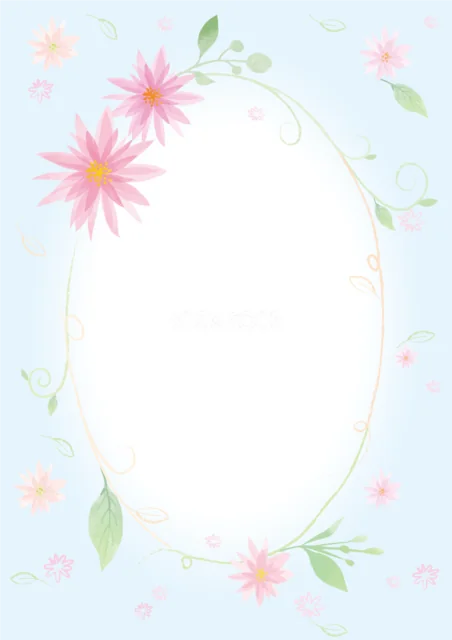 水色の背景にピンクの花と細い蔓を楕円形に飾った縦型フレーム（PNG）