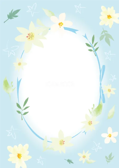 青空色の背景に白と黄色の花を輪に並べた爽やかな縦型フレーム（PNG）