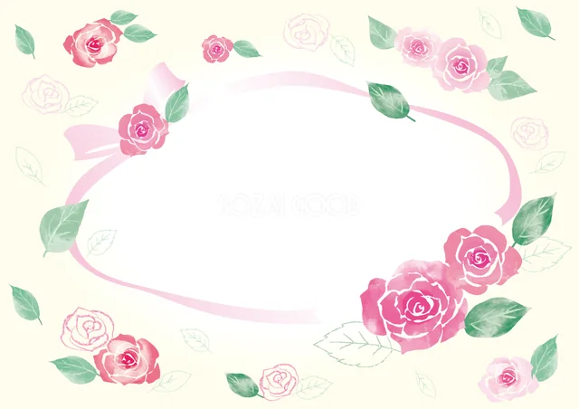 クリーム色の背景にピンクのバラと楕円枠を描いた横型フラワーフレーム（PNG）