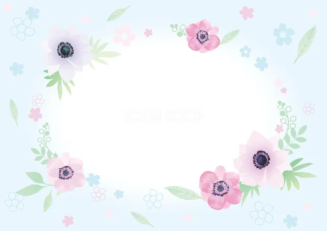 水色の背景にピンクと紫の花を四隅に飾った横型フレーム（PNG）