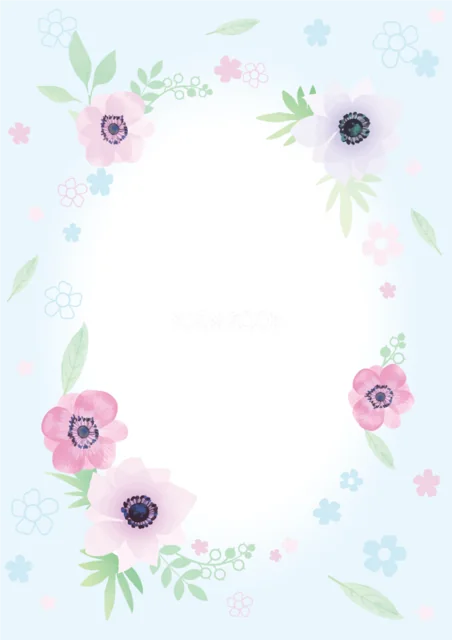 水色の背景にピンクと紫の花を四隅に散らした縦型フレーム（PNG）