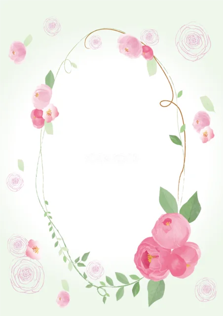 淡いグリーンの背景にピンクの花と若葉を楕円形に飾った縦型フレーム（PNG）