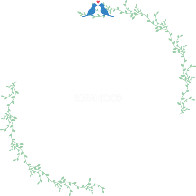 緑のつる草と青い小鳥で円を描く爽やかなボタニカルフレーム（背景透過PNG）