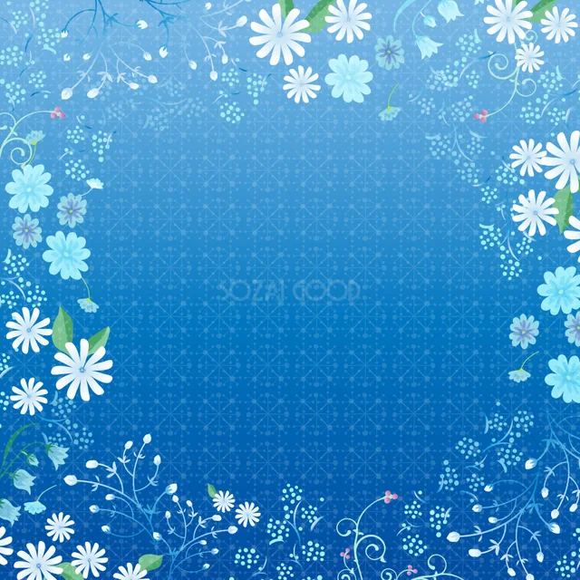 青い背景に白い花と草模様を散らした爽やかな正方形フレーム（PNG）