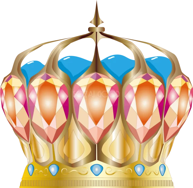 ピンクと水色の宝石を連ねた華やかなゴールド王冠イラスト（背景透過PNG）