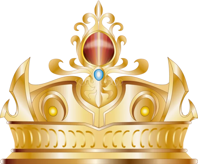 赤い大粒宝石と金色の唐草装飾を組み合わせた王冠イラスト（背景透過PNG）