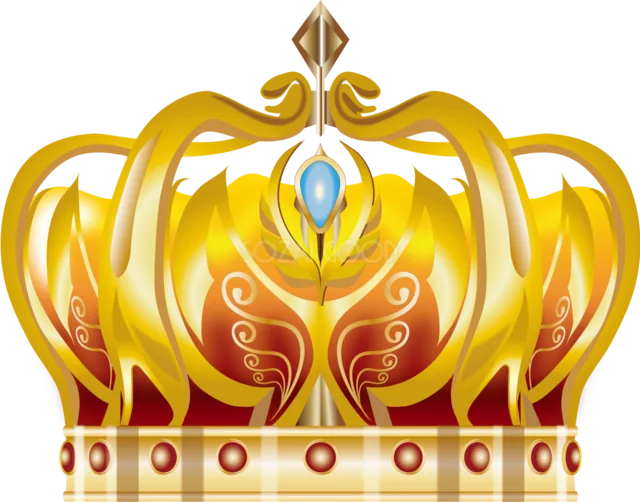 オレンジの宝石と曲線装飾が輝く豪華なゴールド王冠イラスト（背景透過PNG）