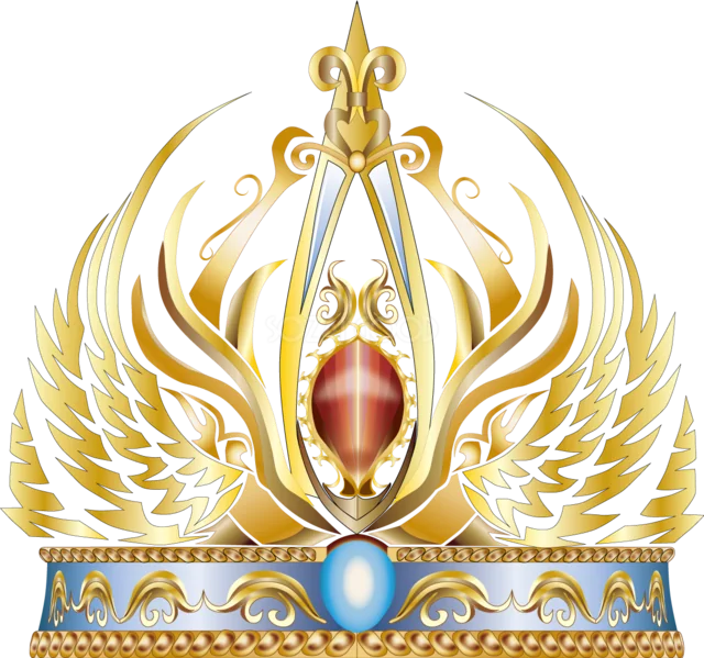 白い翼と赤い宝石を飾った幻想的なゴールド王冠イラスト（背景透過PNG）