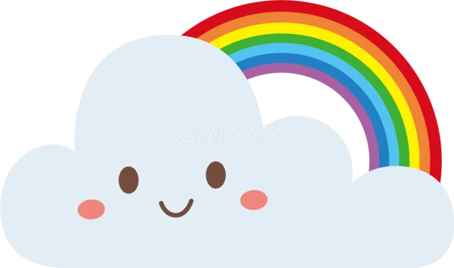 笑顔の白い雲と虹のかわいいイラスト（背景透過PNG）