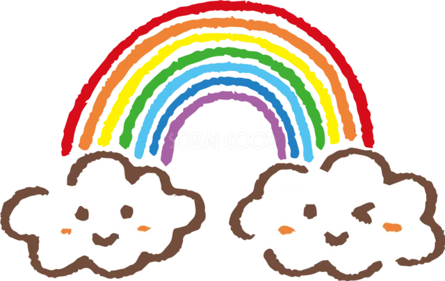 笑顔の雲2つをつないだクレヨン風の虹イラスト（背景透過PNG）