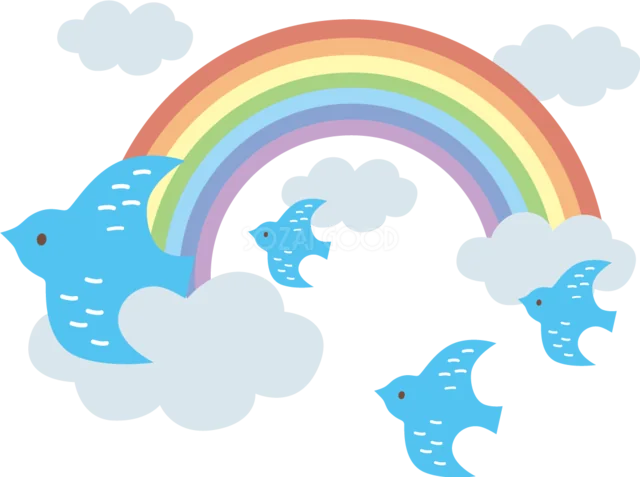 青い鳥と雲が飛ぶ空のパステル虹イラスト（背景透過PNG）