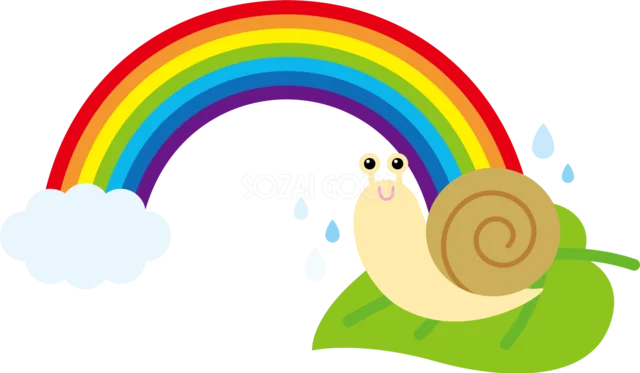 葉に乗るかたつむりと雨粒を添えた虹イラスト（背景透過PNG）