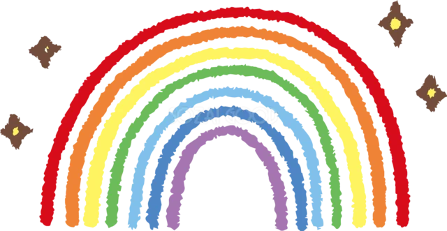 茶色のきらめきを添えたクレヨン風の虹イラスト（背景透過PNG）