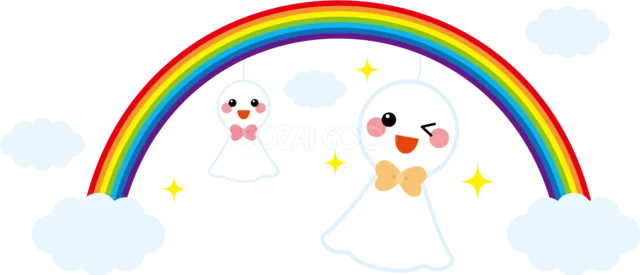 てるてる坊主と雲を飾った梅雨の虹イラスト（背景透過PNG）