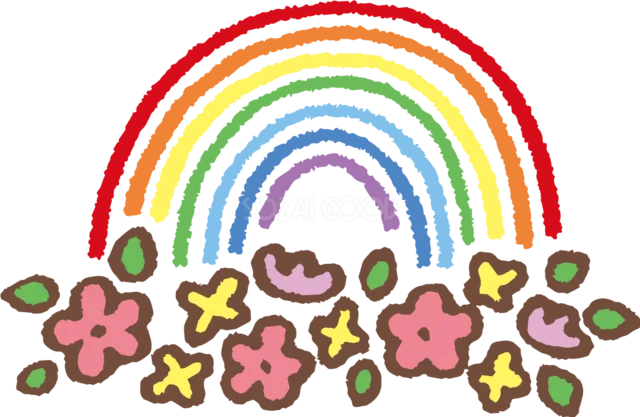 カラフルな花畑の上にかかるクレヨン風の虹（背景透過PNG）