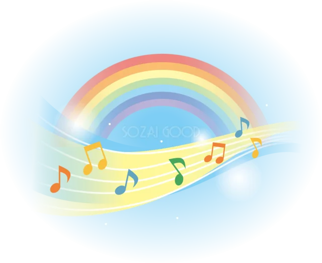 音符と五線譜を彩る青い光の虹イラスト（背景透過PNG）