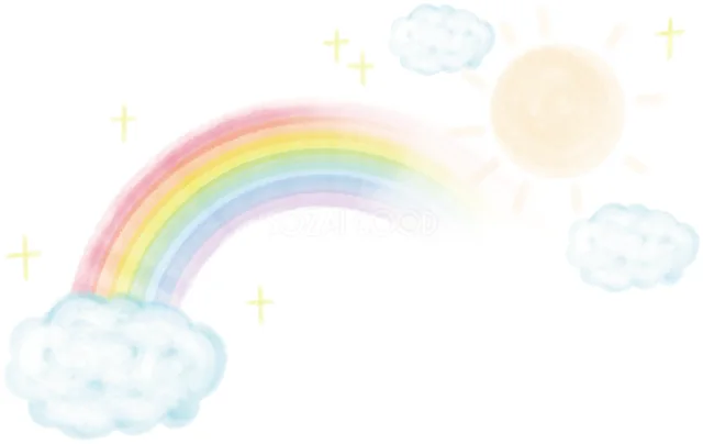 太陽と雲と星を添えた淡い水彩の虹イラスト（背景透過PNG）