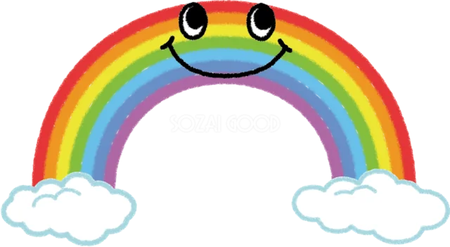 笑顔の虹と白い雲のかわいいイラスト（背景透過PNG）