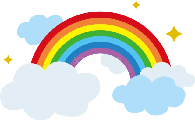青い雲と金色の星を飾った虹イラスト（背景透過PNG）