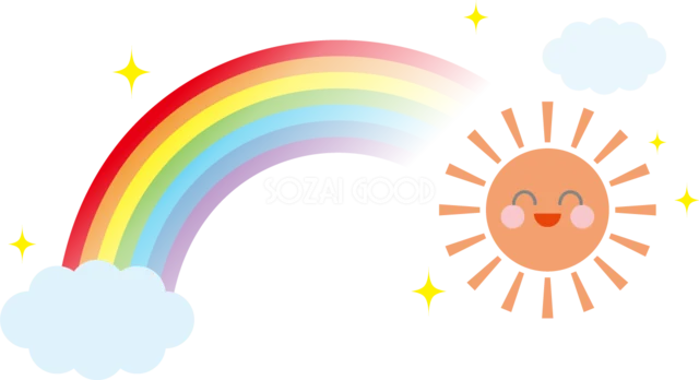 笑顔の太陽と雲を添えたパステル虹イラスト（背景透過PNG）