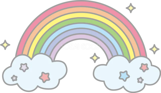 星と雲を散りばめた淡いパステル虹イラスト（背景透過PNG）