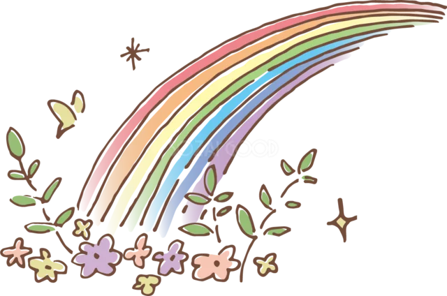 草花の上にかかる手描き風の虹イラスト（背景透過PNG）
