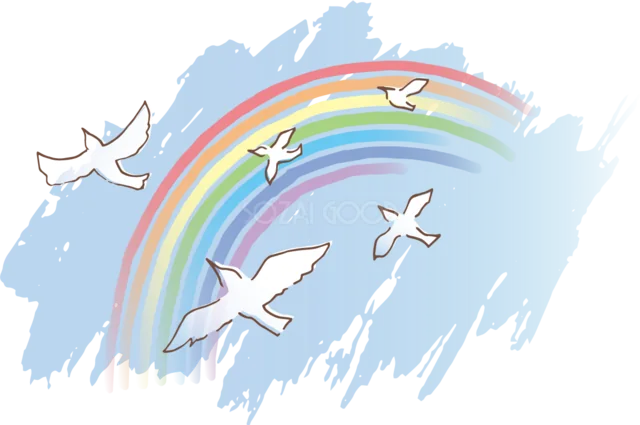 青い水彩背景と白い鳥を描いた淡い虹イラスト（背景透過PNG）