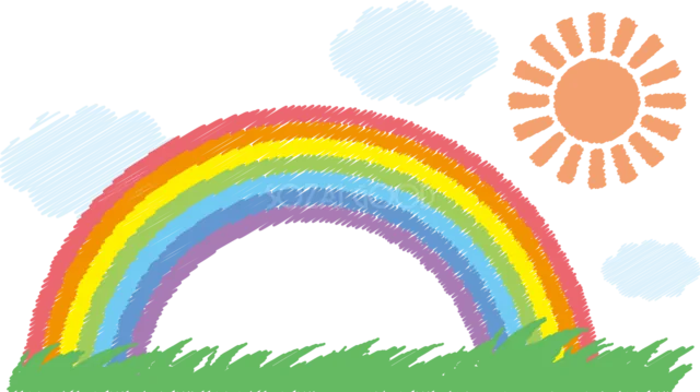 草原とオレンジの太陽を描いたクレヨン風の虹（背景透過PNG）