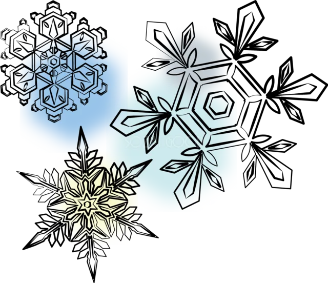 モノクロ線画で描いた大小の雪の結晶イラスト（背景透過PNG）