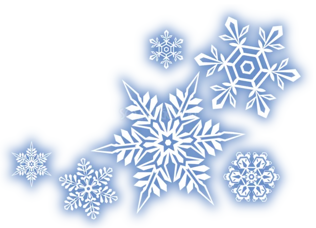 青白く光る大小の雪の結晶を散らした冬の飾りイラスト（背景透過PNG）