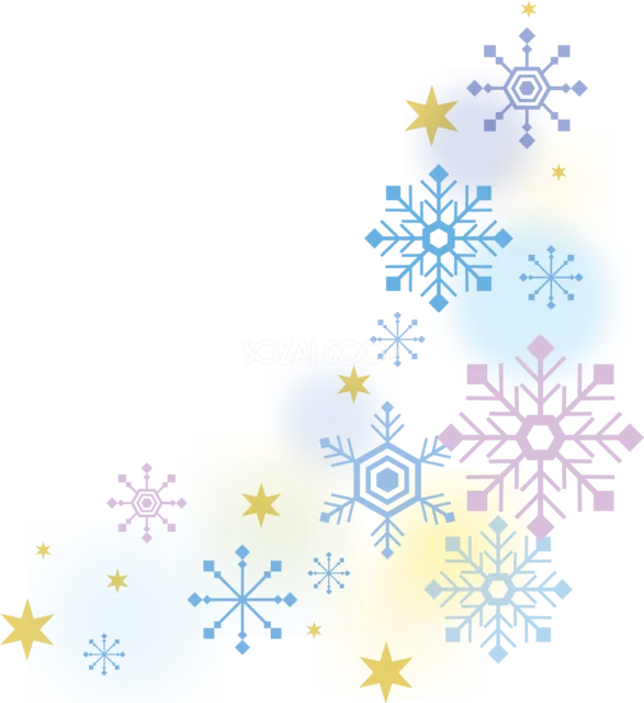 水色と紫の雪の結晶と金色の星を散らした冬の飾り（背景透過PNG）