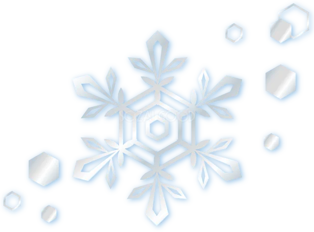 淡い水色の大きな雪の結晶と氷の粒を描いた冬イラスト（背景透過PNG）