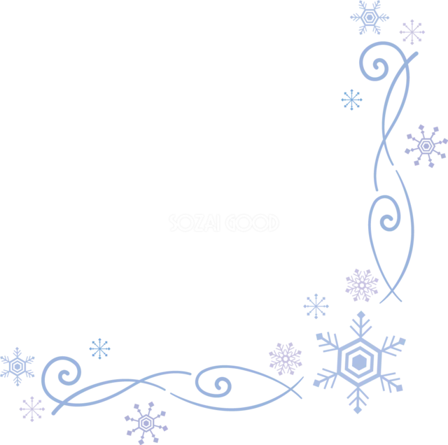 水色の雪の結晶と曲線を対角に飾った冬のコーナーフレーム（背景透過PNG）