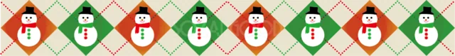 サンタと雪だるまをアーガイル柄に並べたクリスマスライン（背景透過PNG）