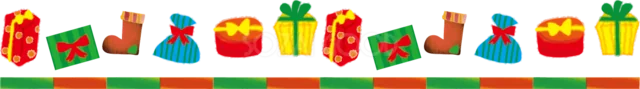 プレゼントと靴下をカラフルに並べたクリスマスライン（背景透過PNG）