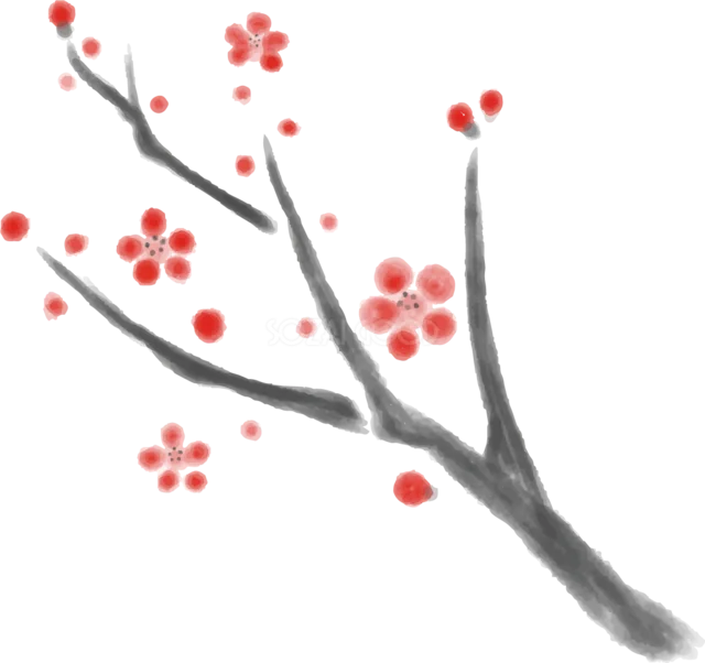 灰色の墨絵の枝に赤い梅が咲くイラスト（背景透過PNG）