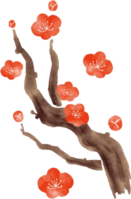 墨絵風の枝に赤い梅が咲く和風イラスト（背景透過PNG）