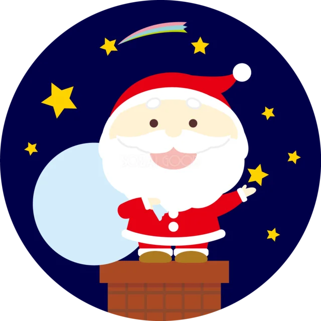 星空の煙突から顔を出すかわいいサンタクロースの丸型イラスト（背景透過PNG）