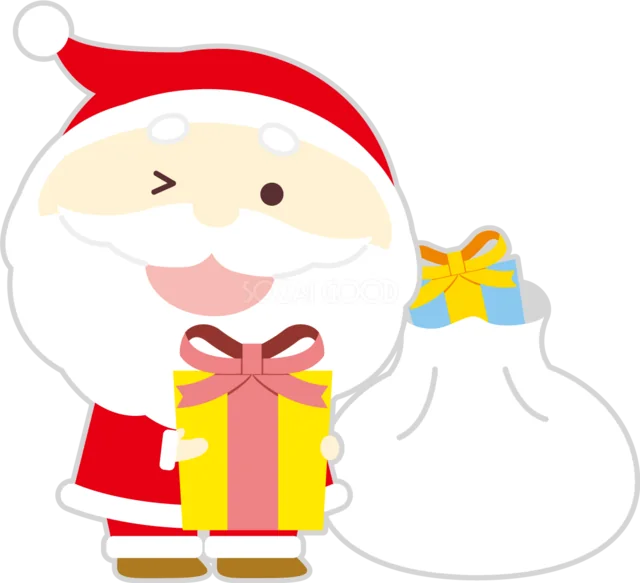 プレゼント箱と大きな袋を持つウインクしたサンタクロース（背景透過PNG）