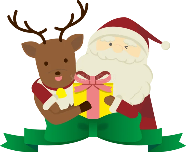 トナカイとサンタがプレゼントを抱えるクリスマスイラスト（背景透過PNG）