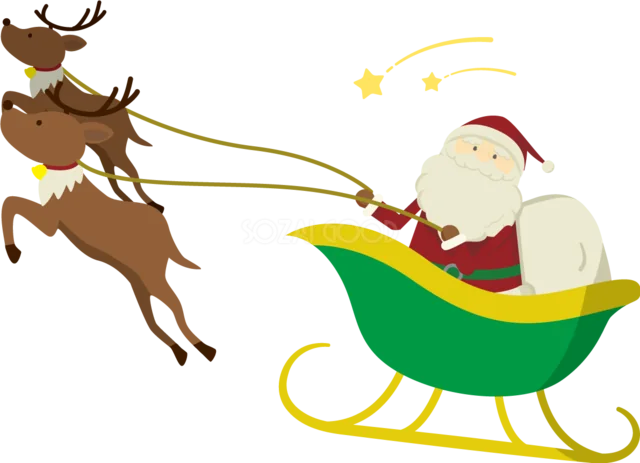 トナカイが引くそりで夜空を飛ぶサンタクロース（背景透過PNG）